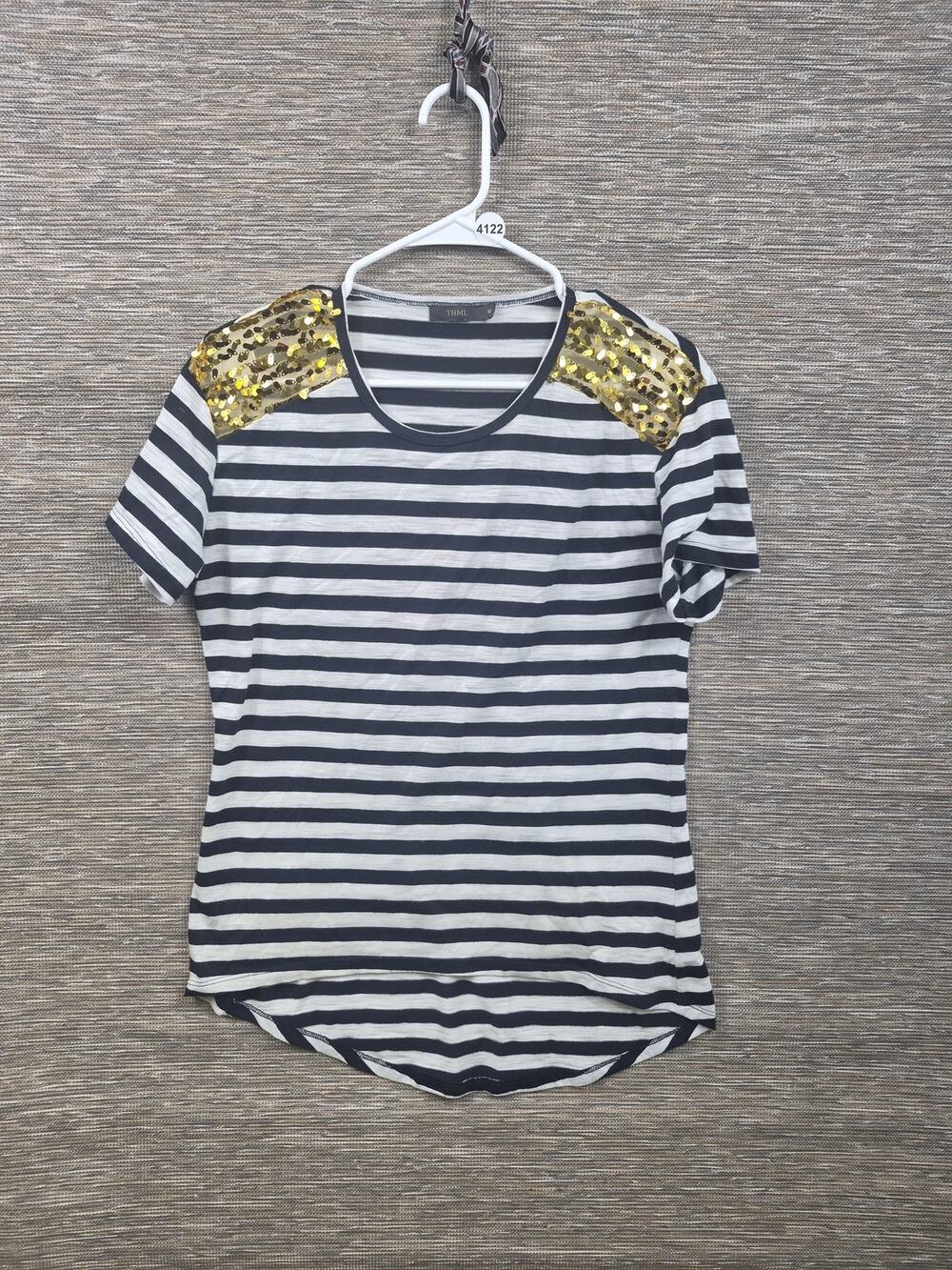 THML Shirt Womens M Blue White Stripe Sequin Shoulder Scoop Neck Top Tee